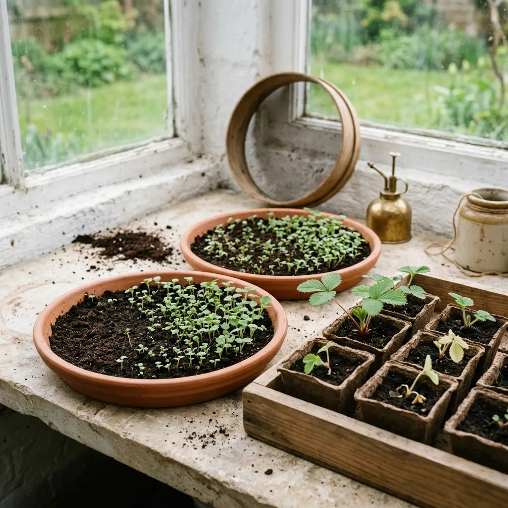 Semis de fraisier des bois (Fragaria vesca) en terrines et jeunes plants repiqués — SemiSauvage