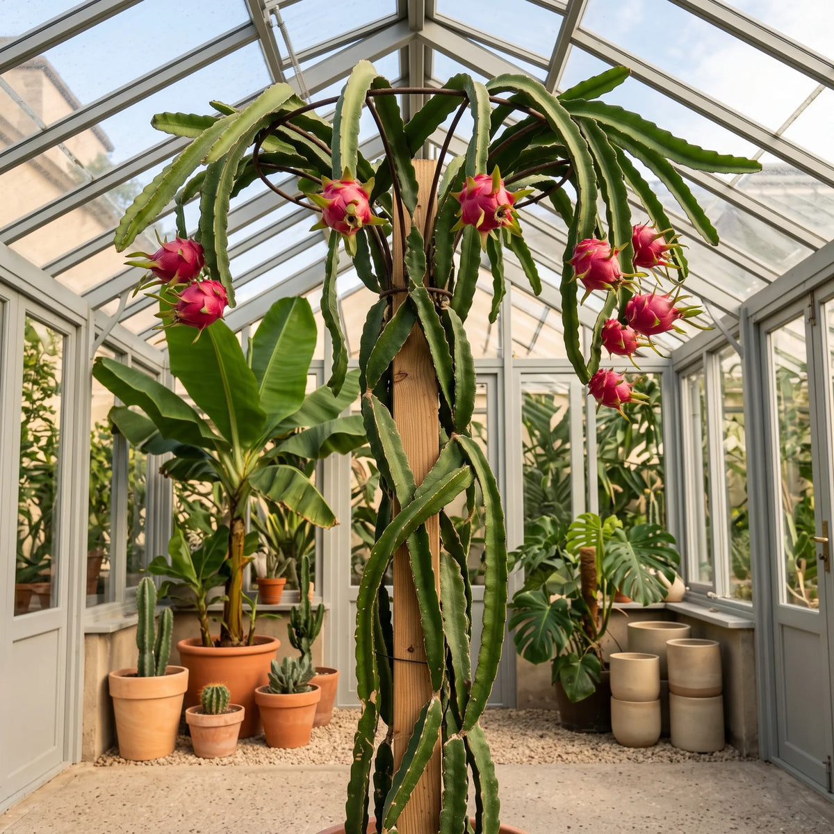 Pitaya palissé sur son tuteur vu en contre-plongée sous serre — SemiSauvage