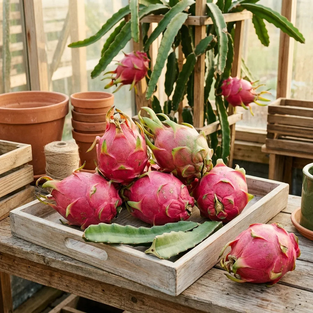 Plateau de bois chargé de fruits du dragon fraîchement cueillis — SemiSauvage