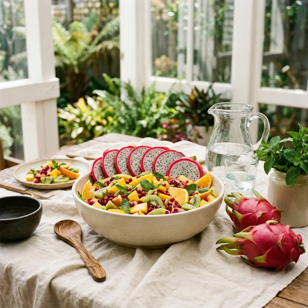 Salade de fruits exotiques garnie de tranches de pitaya — SemiSauvage
