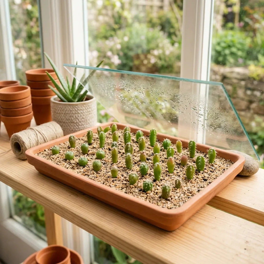 Plantules de pitaya en terrine sablonneuse sous une plaque de verre — SemiSauvage