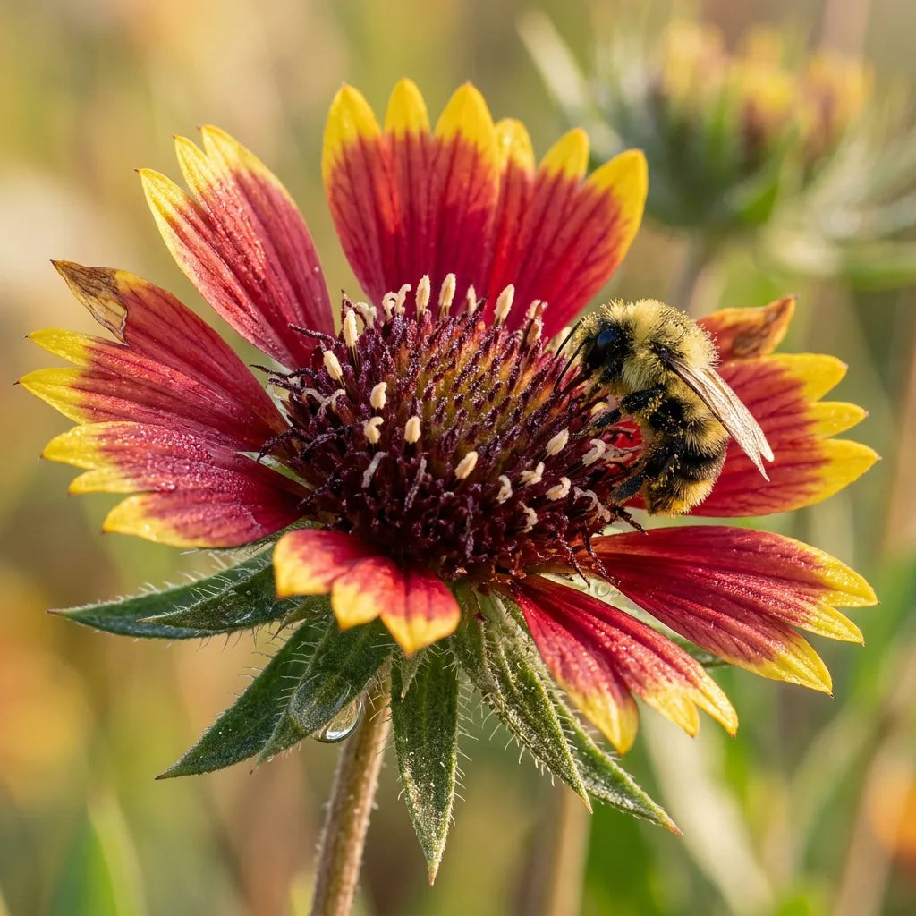 正在一朵沾满露珠的天人菊(Gaillardia aristata)花上采蜜的大黄蜂— SemiSauvage