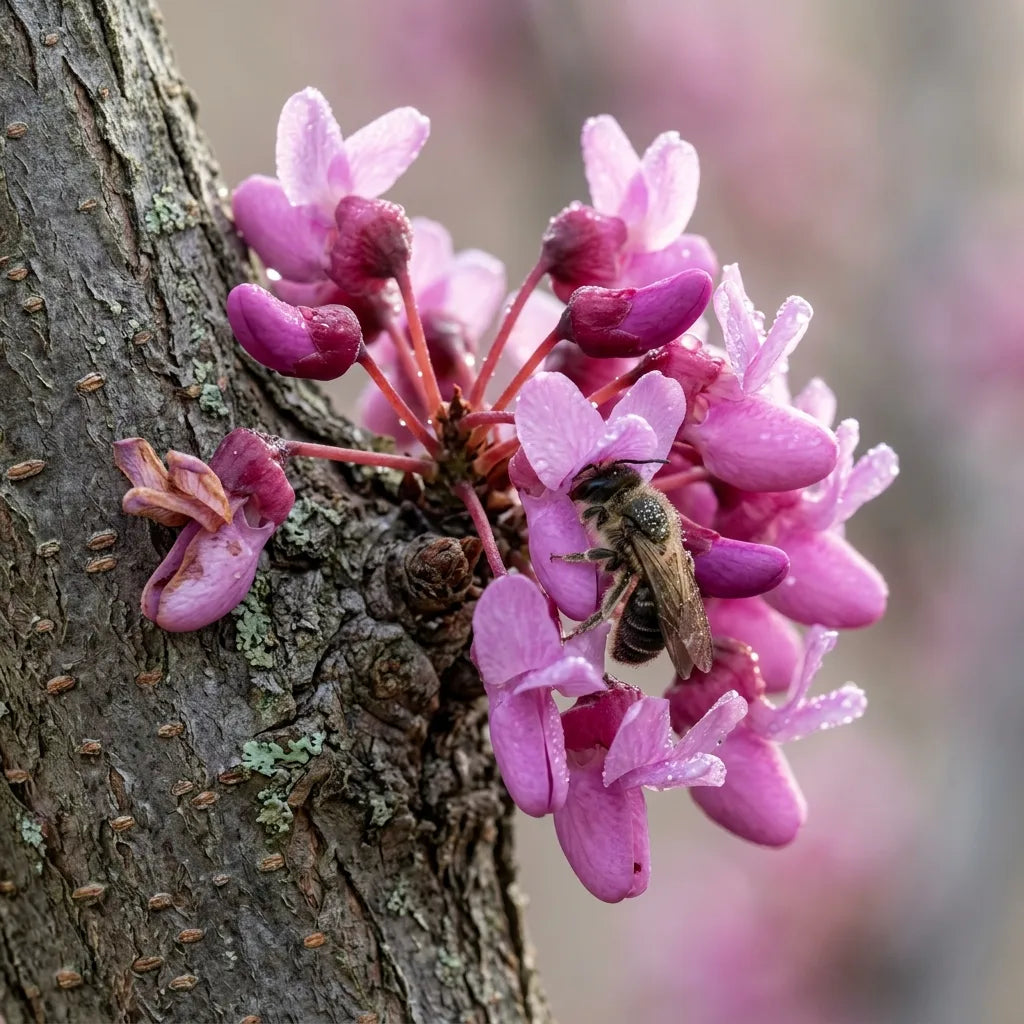 蜜蜂正在采集生长于木质部位上的中国紫荆(Cercis chinensis)粉红色花朵的花蜜— SemiSauvage