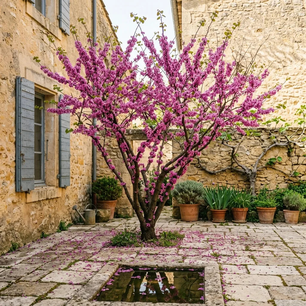 石砌封闭庭院中开花的中国紫荆(Cercis chinensis)— SemiSauvage