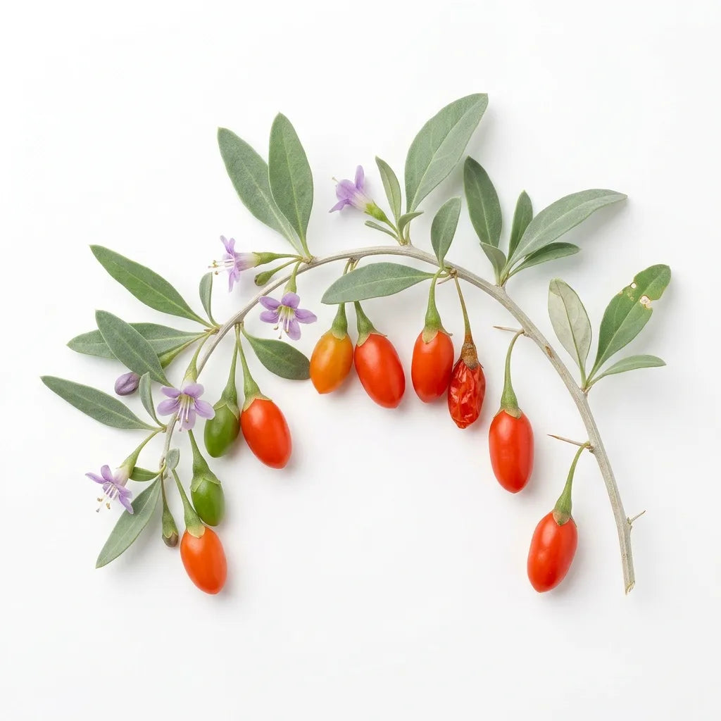 Rameau de goji (Lycium barbarum) avec baies et fleurs, sur fond blanc — SemiSauvage