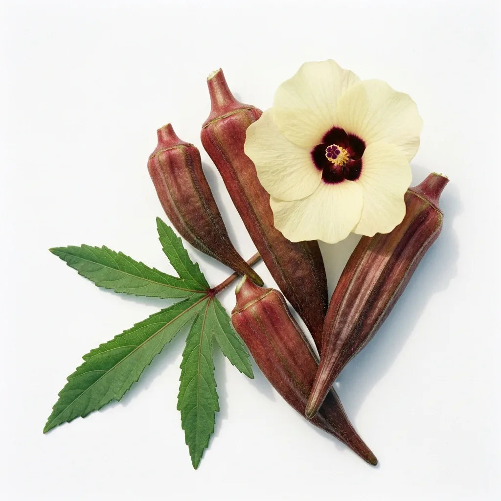 Gombo rouge (Abelmoschus esculentus) sur fond blanc : gousses côtelées bordeaux, fleur à œil pourpre et feuille — SemiSauvage