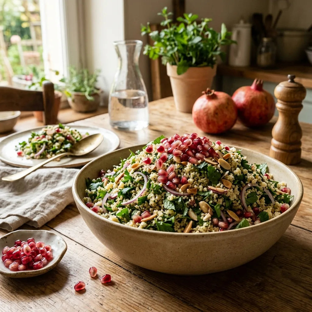 Salade de semoule aux herbes fraîches et aux arilles de grenade — SemiSauvage