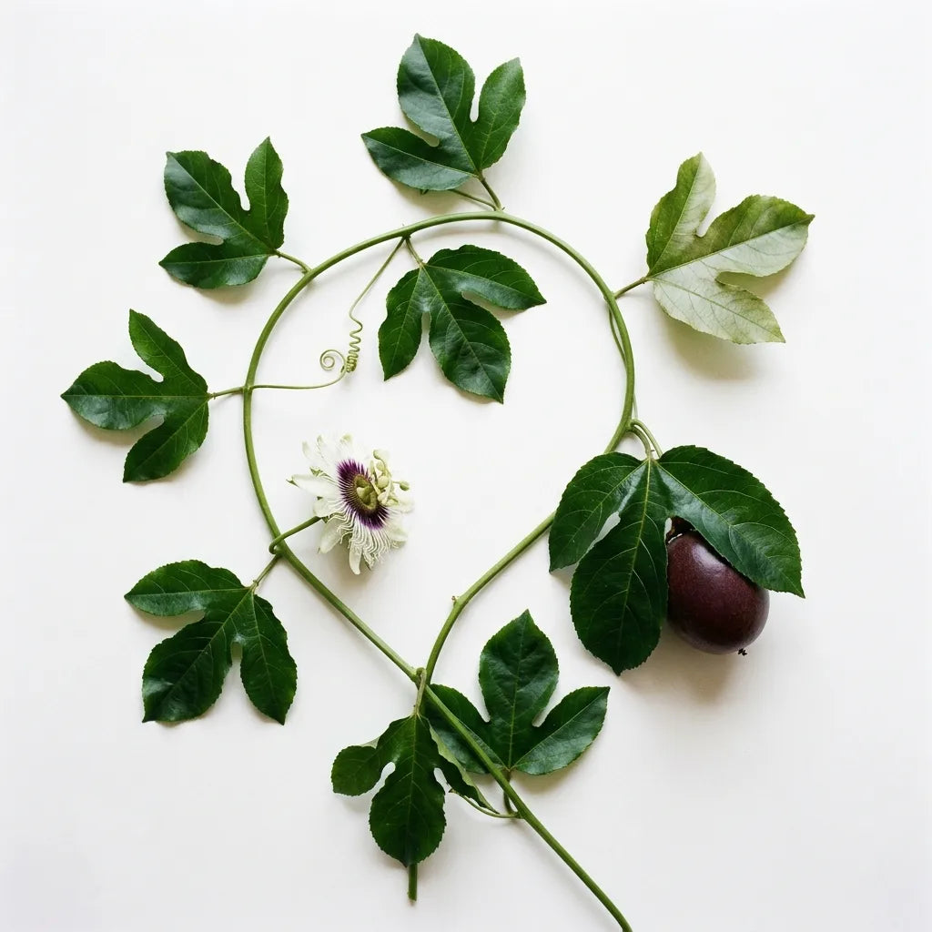 Brin de liane de Grenadille (Passiflora edulis) avec fleur, vrille et fruit, sur fond blanc — SemiSauvage