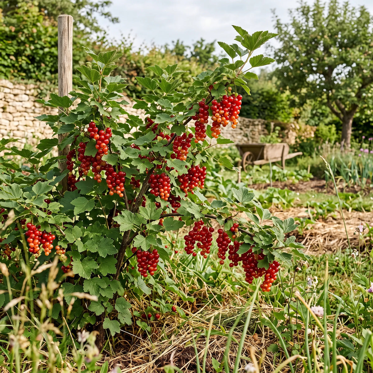 Groseillier à grappes rouges en pleine fructification dans un jardin de campagne paillé, au pied d'un mur de pierres