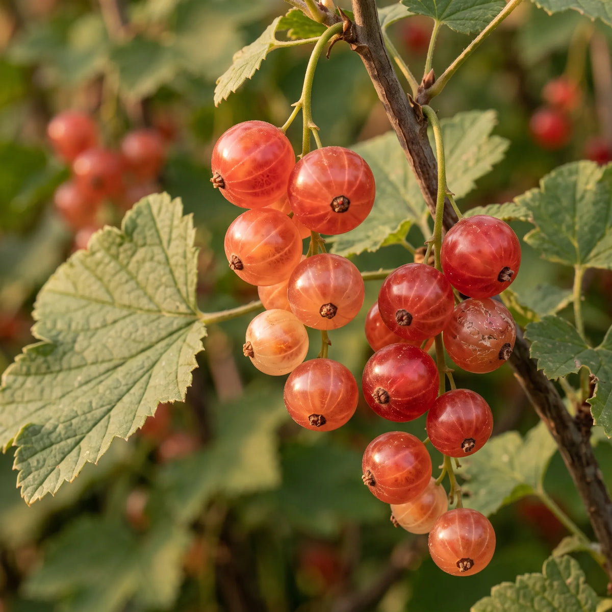 Macro d'une grappe de groseilles rouges, baies translucides laissant voir veinules et pépins, reste du calice au sommet