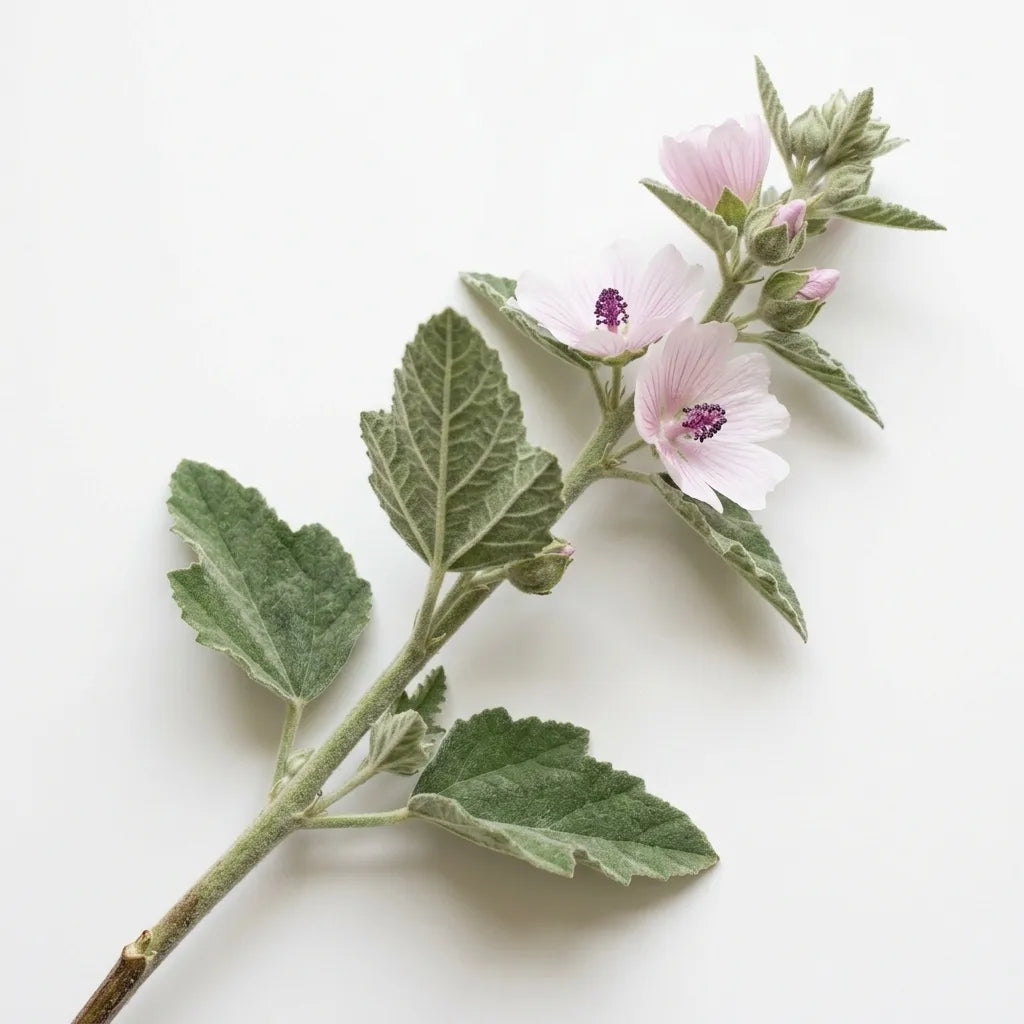 Tige fleurie de Guimauve officinale (Althaea officinalis), feuillage feutré et fleurs rosées, sur fond blanc — SemiSauvage