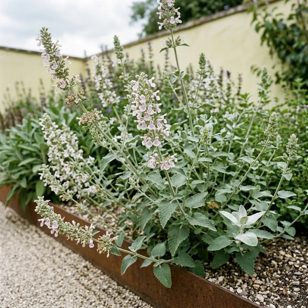 Touffe d'herbe à chat en fleurs dans un carré d'aromatiques, tiges quadrangulaires gris-vert et épis blanc crème — SemiSauvage