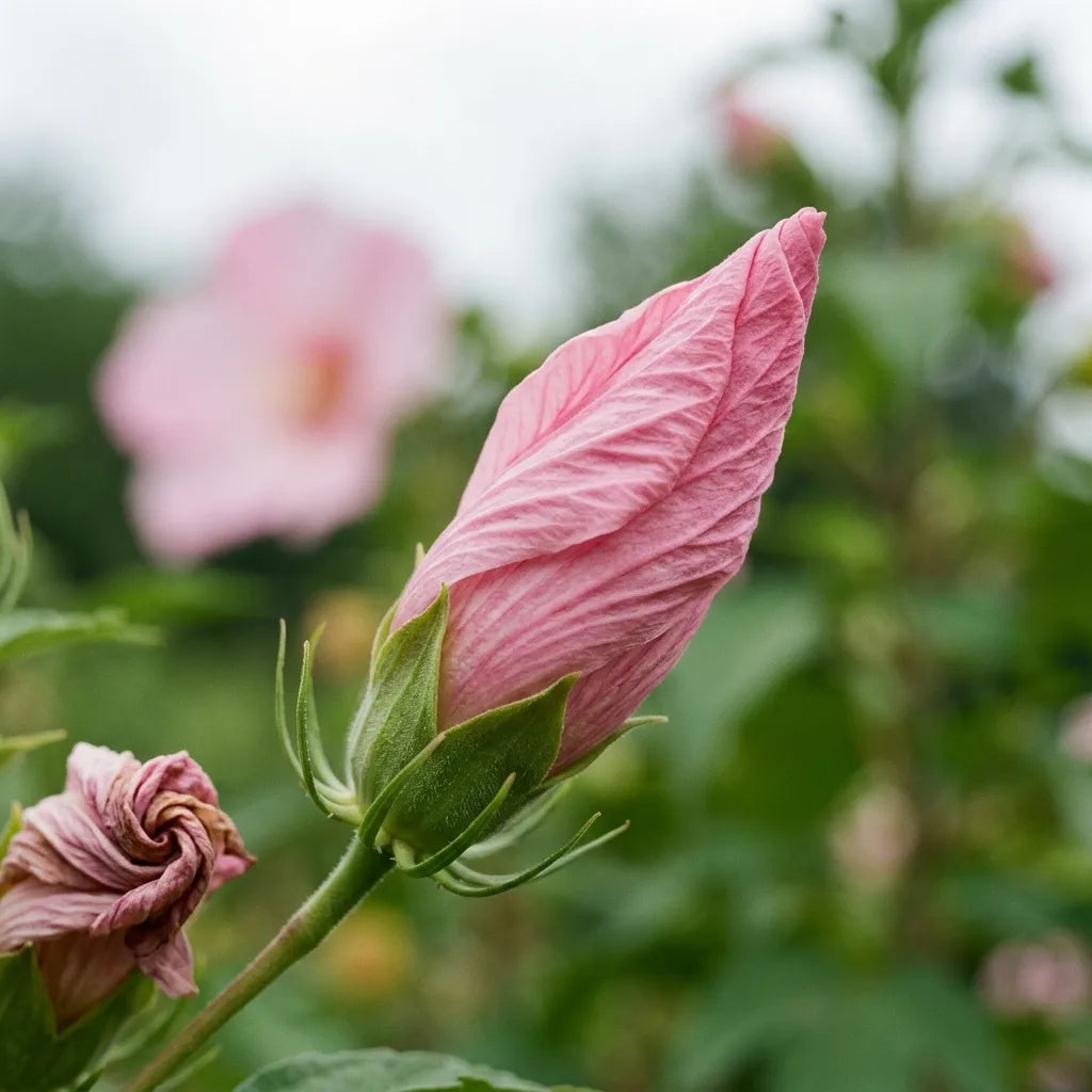 Bouton d'hibiscus des marais aux pétales enroulés en spirale, entouré de son calicule — SemiSauvage