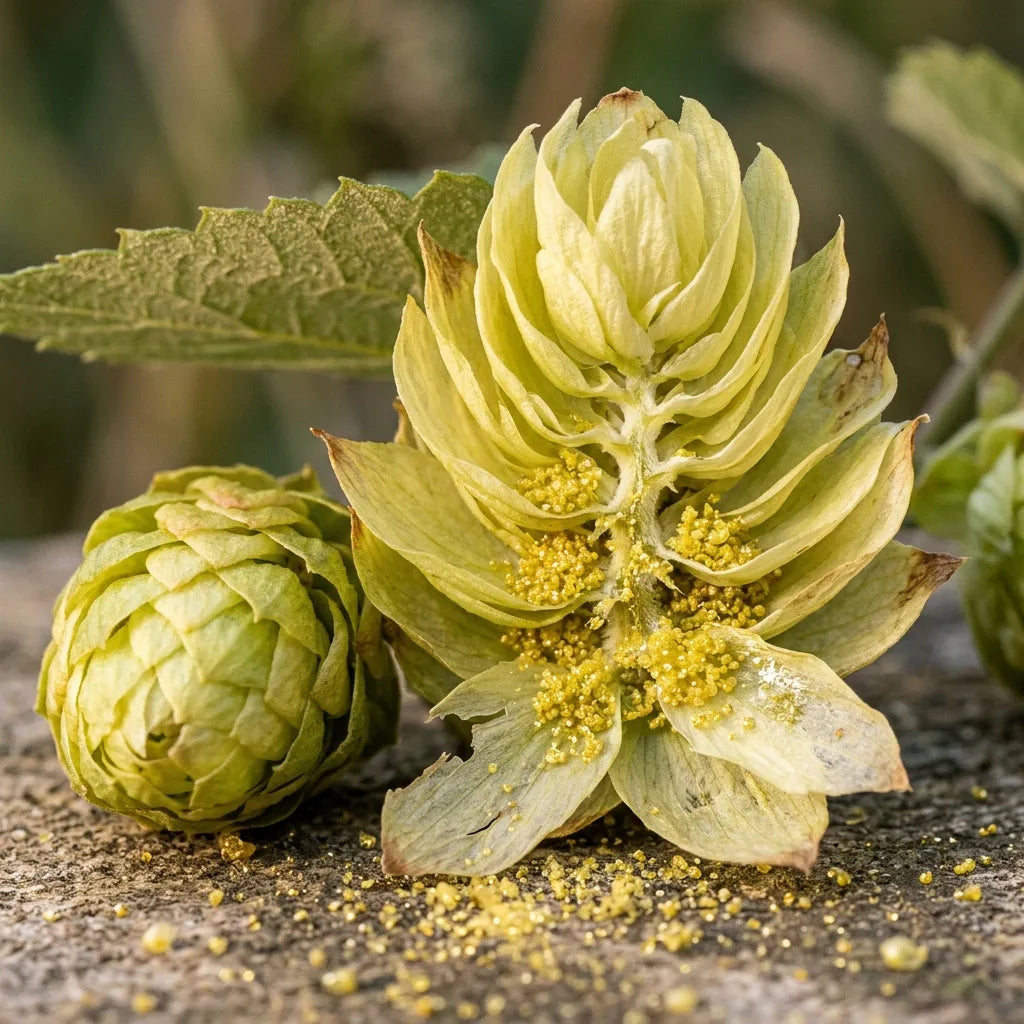 Cône de houblon (Humulus lupulus) ouvert montrant la lupuline dorée — SemiSauvage