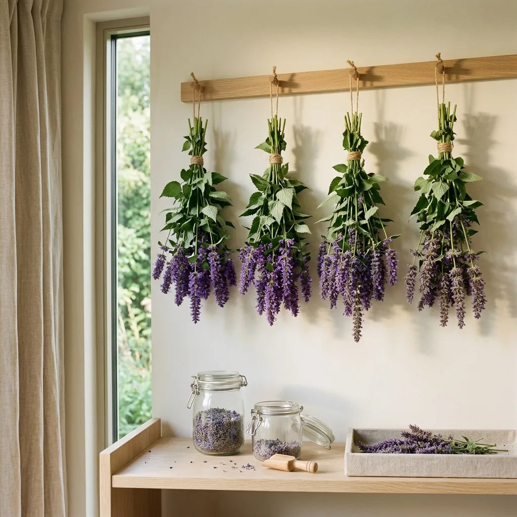 乾燥させるために吊るされたアニスヒソップ(Agastache foeniculum)の束 — SemiSauvage