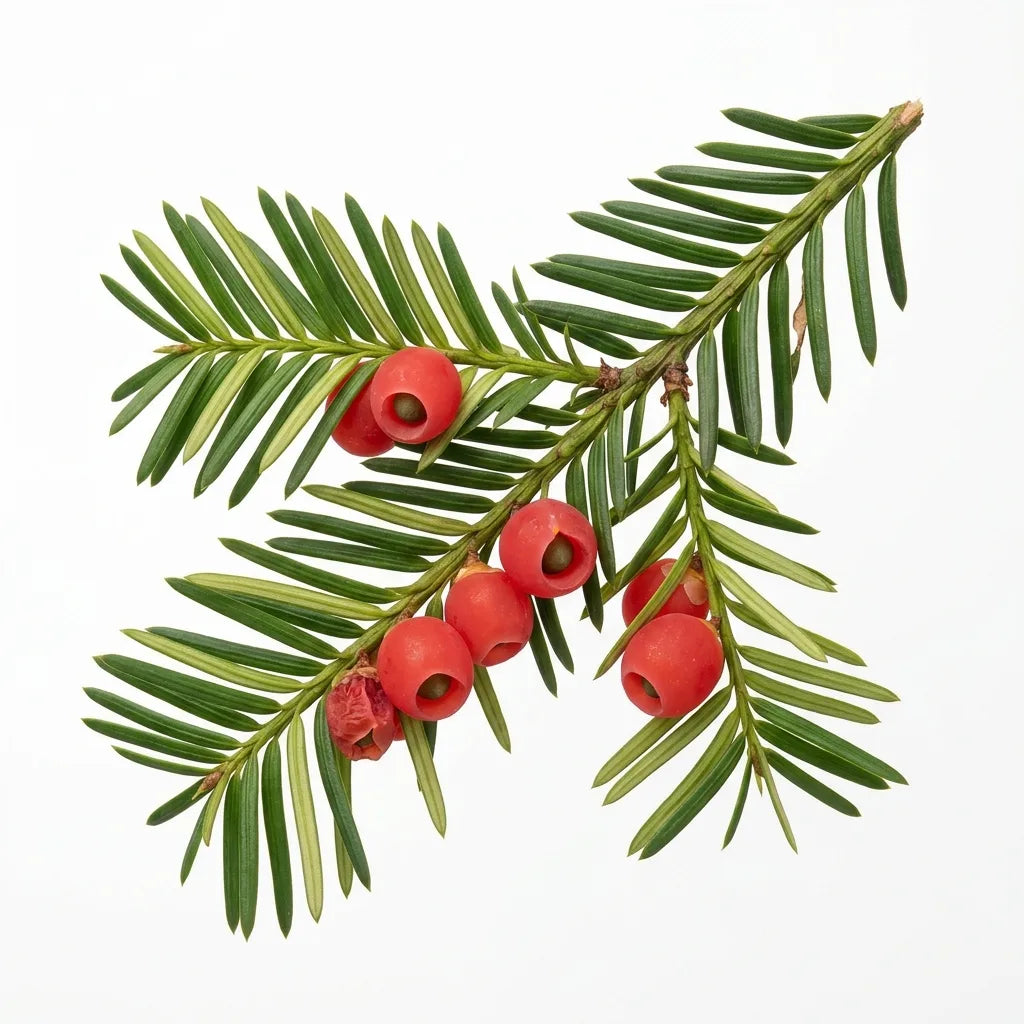 Rameau d'if commun (Taxus baccata) avec arilles rouges, sur fond blanc — SemiSauvage