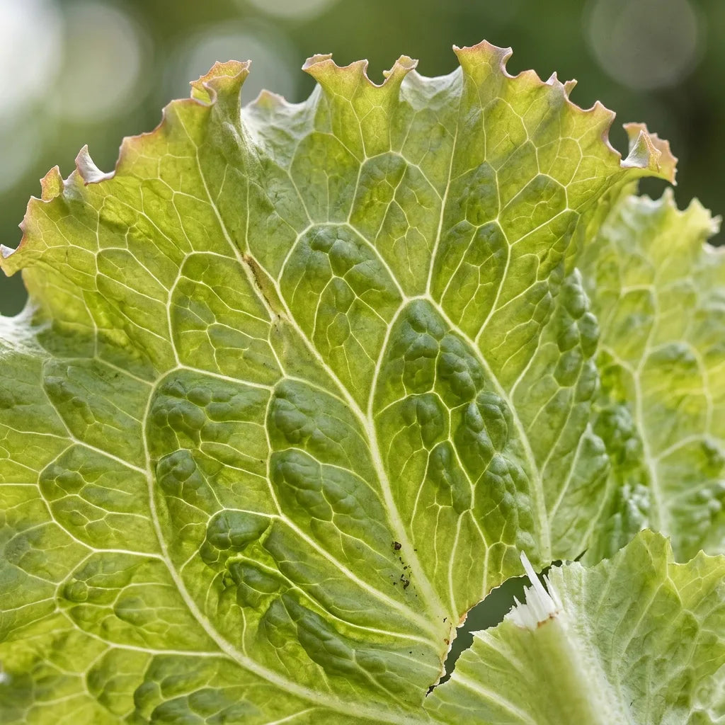 Macro d'une feuille de laitue batavia : limbe cloqué et bord ondulé — SemiSauvage