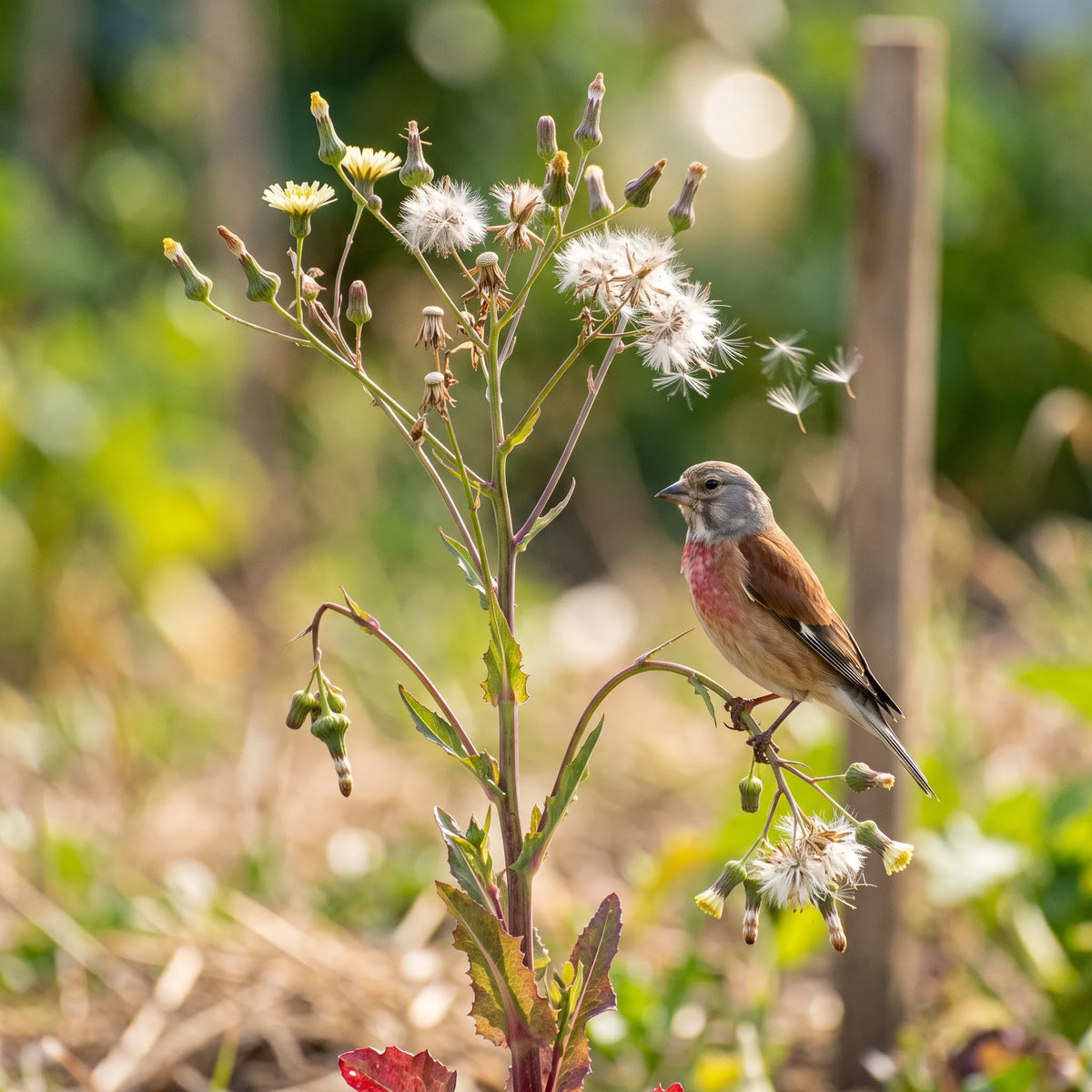Laitue montée à graines : hampe florale, akènes à aigrette duveteuse et linotte mélodieuse
