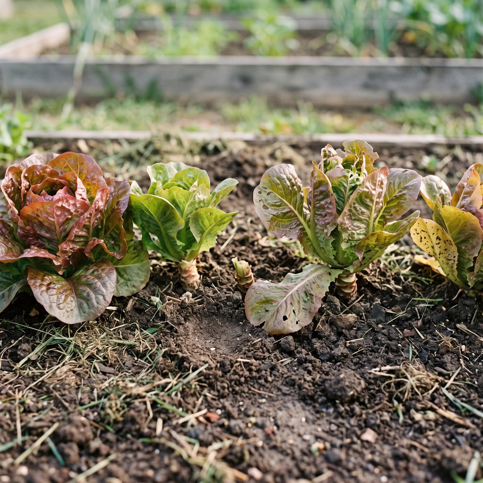 Rang de laitues Merveille des Quatre Saisons au potager, pommes lavées de rouge bronze