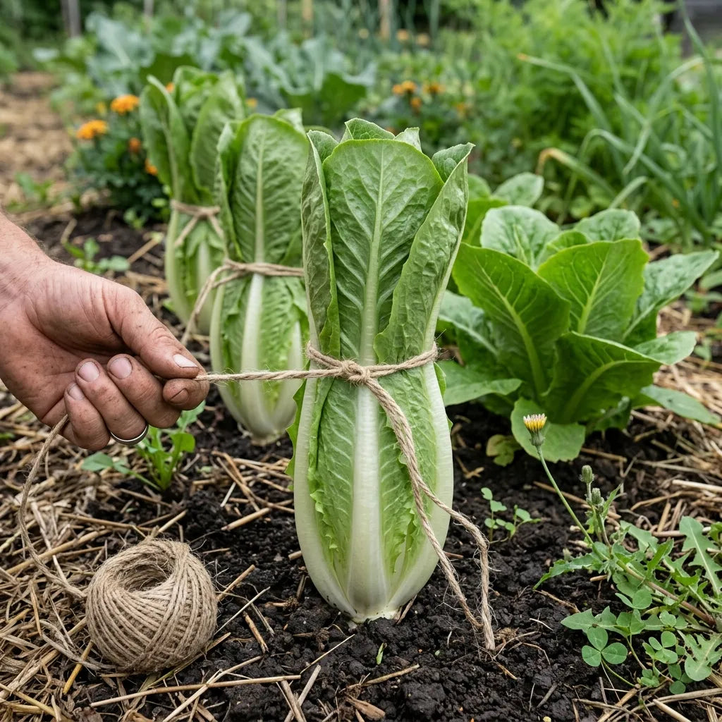 Liage des laitues romaines pour blanchir le cœur avant la récolte — SemiSauvage