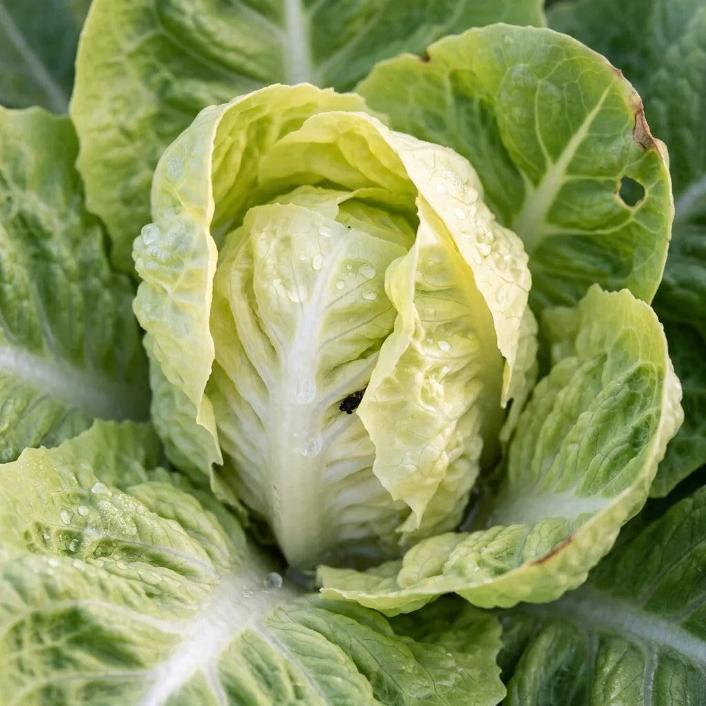 Cœur blanchi d'une laitue sucrine (Lactuca sativa) couvert de rosée — SemiSauvage