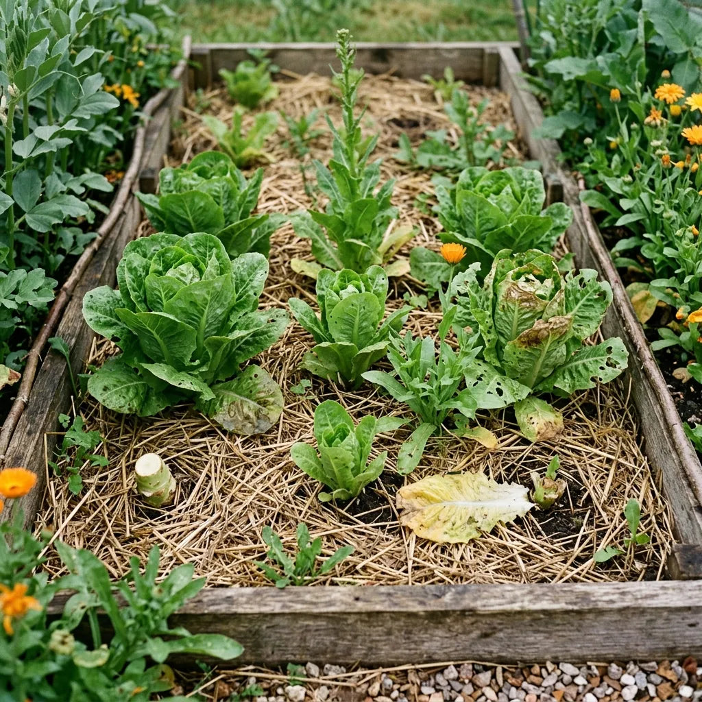 Laitues sucrines (Lactuca sativa) sur planche paillée en permaculture — SemiSauvage