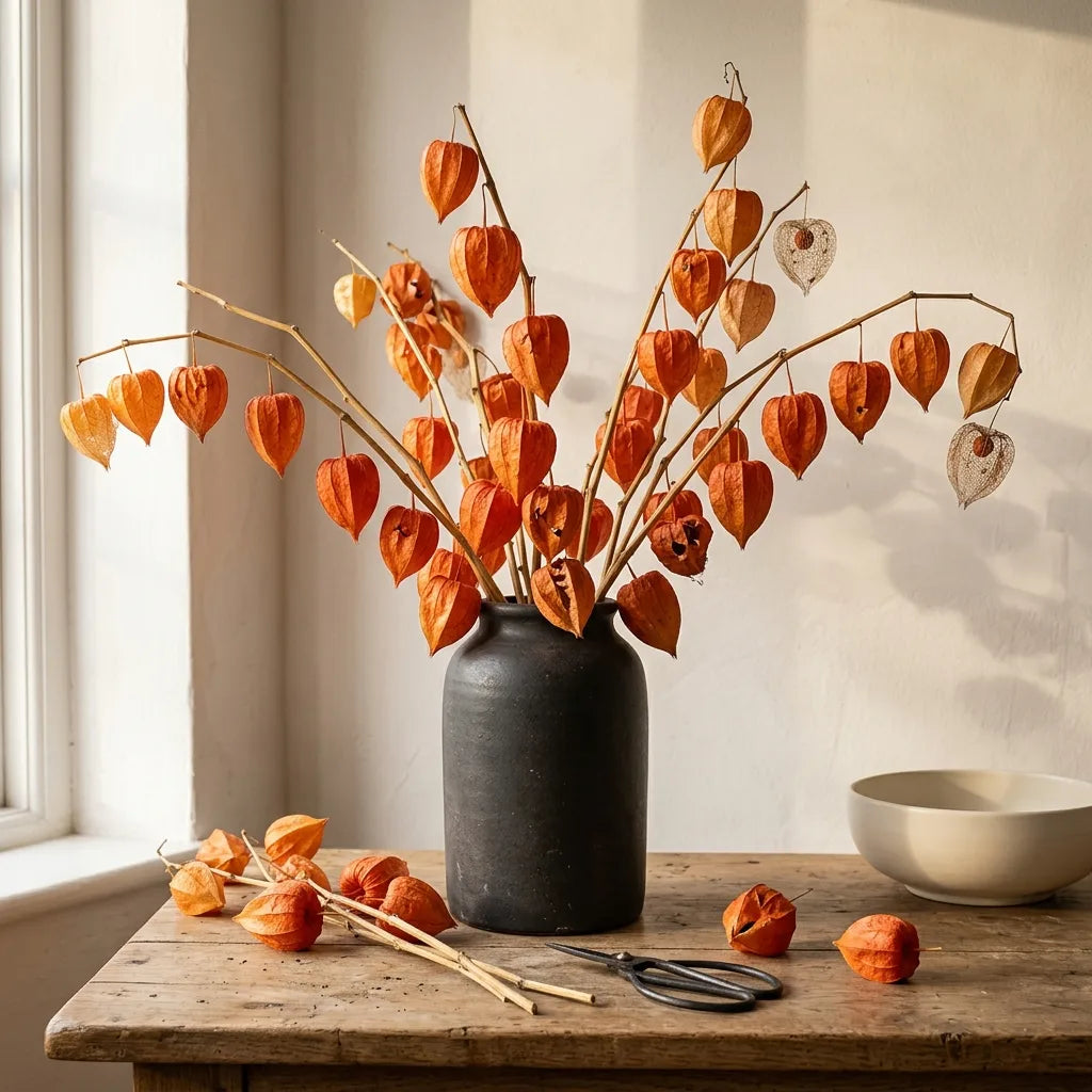 花瓶中的中国灯笼(Physalis alkekengi)干花束——SemiSauvage