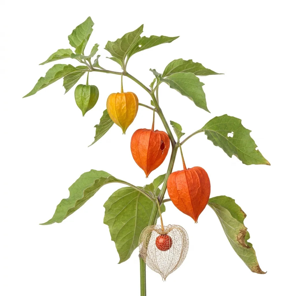 Rameau de lanterne chinoise (Physalis alkekengi) à différents stades, sur fond blanc — SemiSauvage