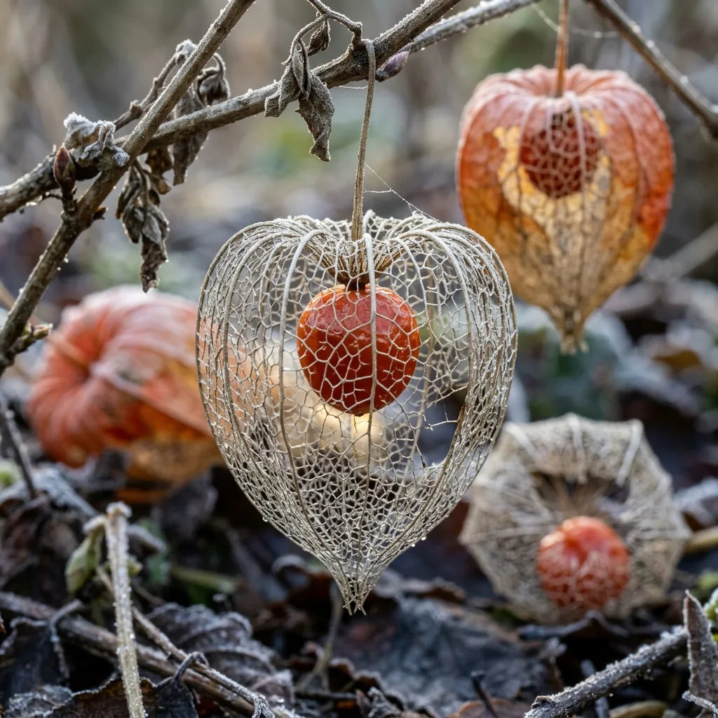 越冬后呈蕾丝状骨架的中国灯笼(Physalis alkekengi)——SemiSauvage