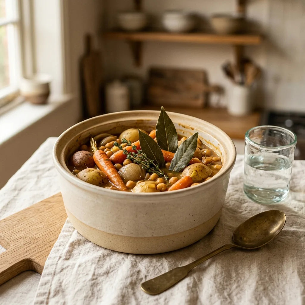 Mijoté de légumes parfumé aux feuilles de laurier dans une cocotte en céramique — SemiSauvage