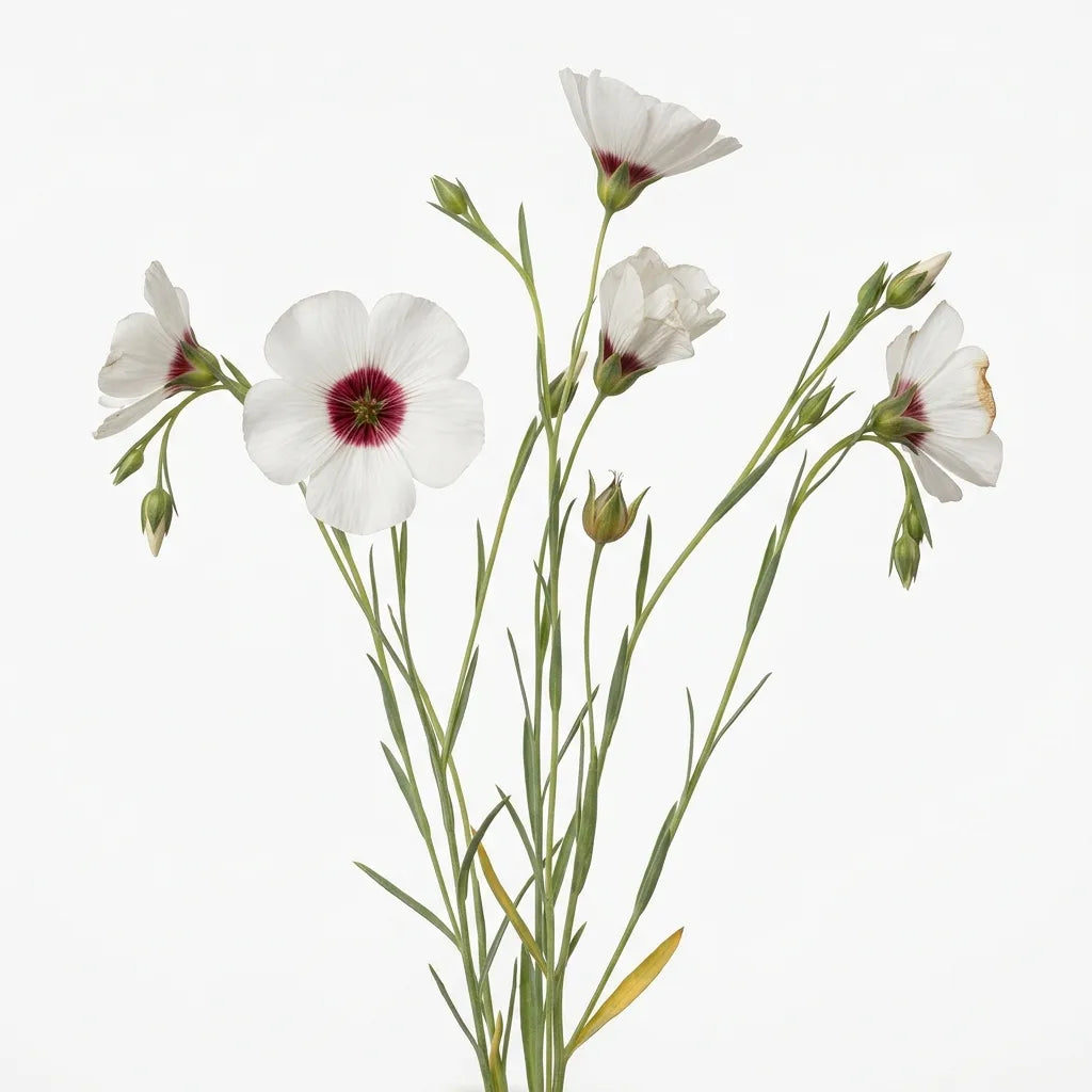 Lin Bright Eyes (Linum grandiflorum) à différents stades, sur fond blanc — SemiSauvage