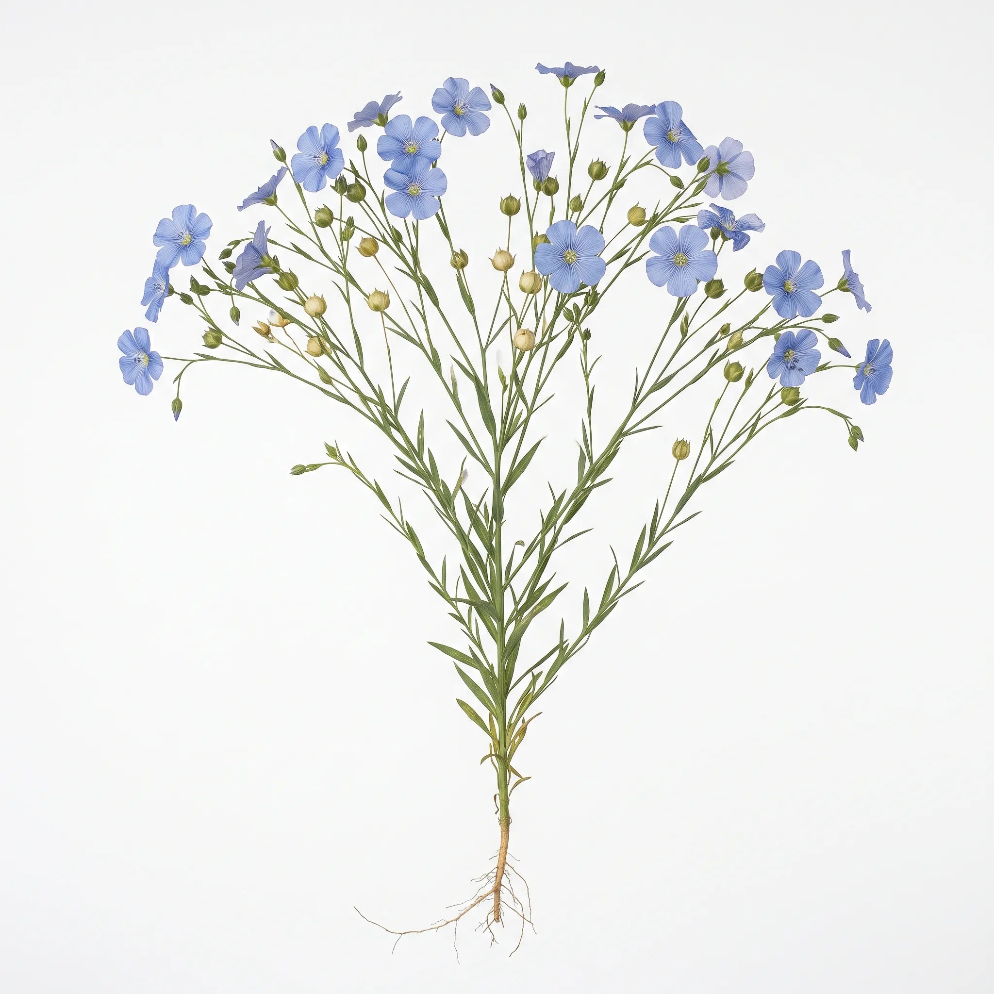 Pied fleuri de lin cultivé (Linum usitatissimum) sur fond blanc, fleurs bleu ciel