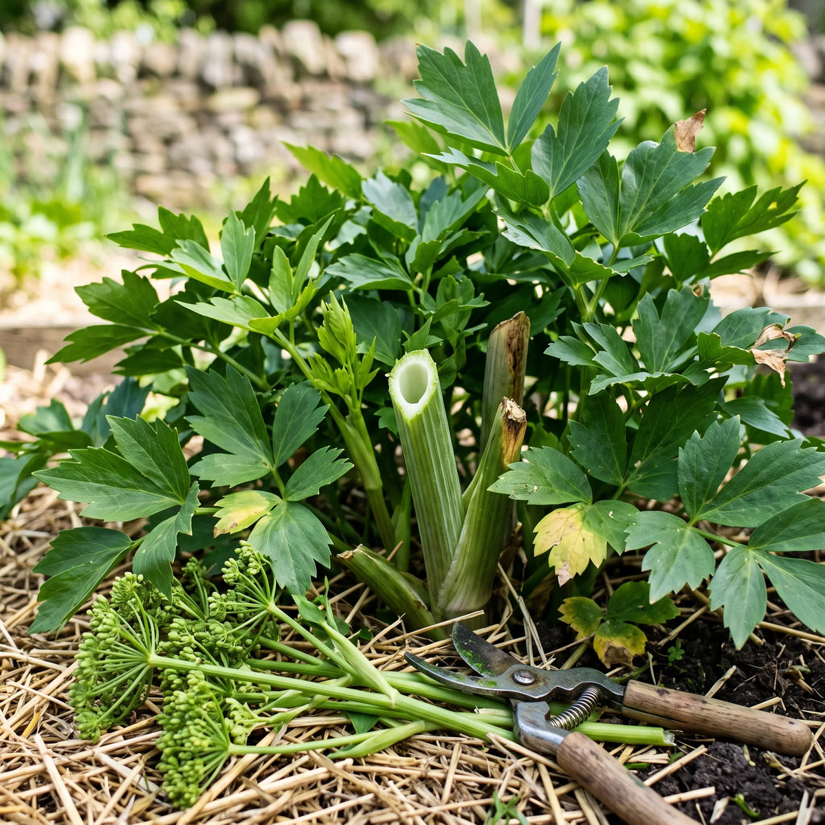 柔らかな葉を優先するためのラベージの花茎の切り取り