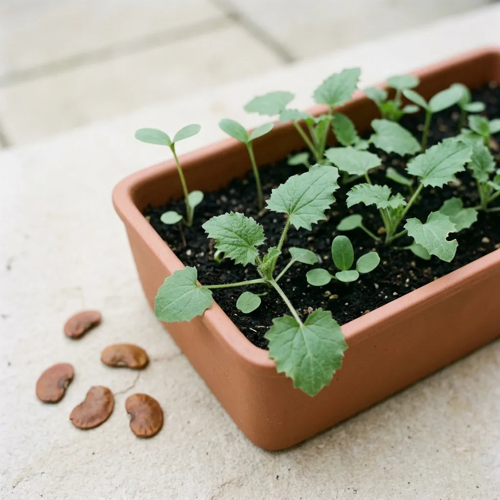 陶土育苗盘中的第一年 Lunaria annua 幼苗:子叶和带齿心形叶片的幼小莲座 — SemiSauvage