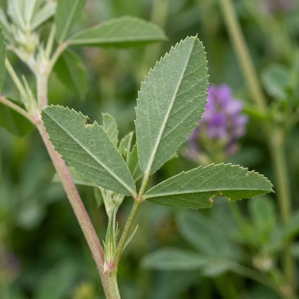 Feuille trifolioliée de luzerne, foliole terminale longuement pétiolulée, détail botanique — SemiSauvage