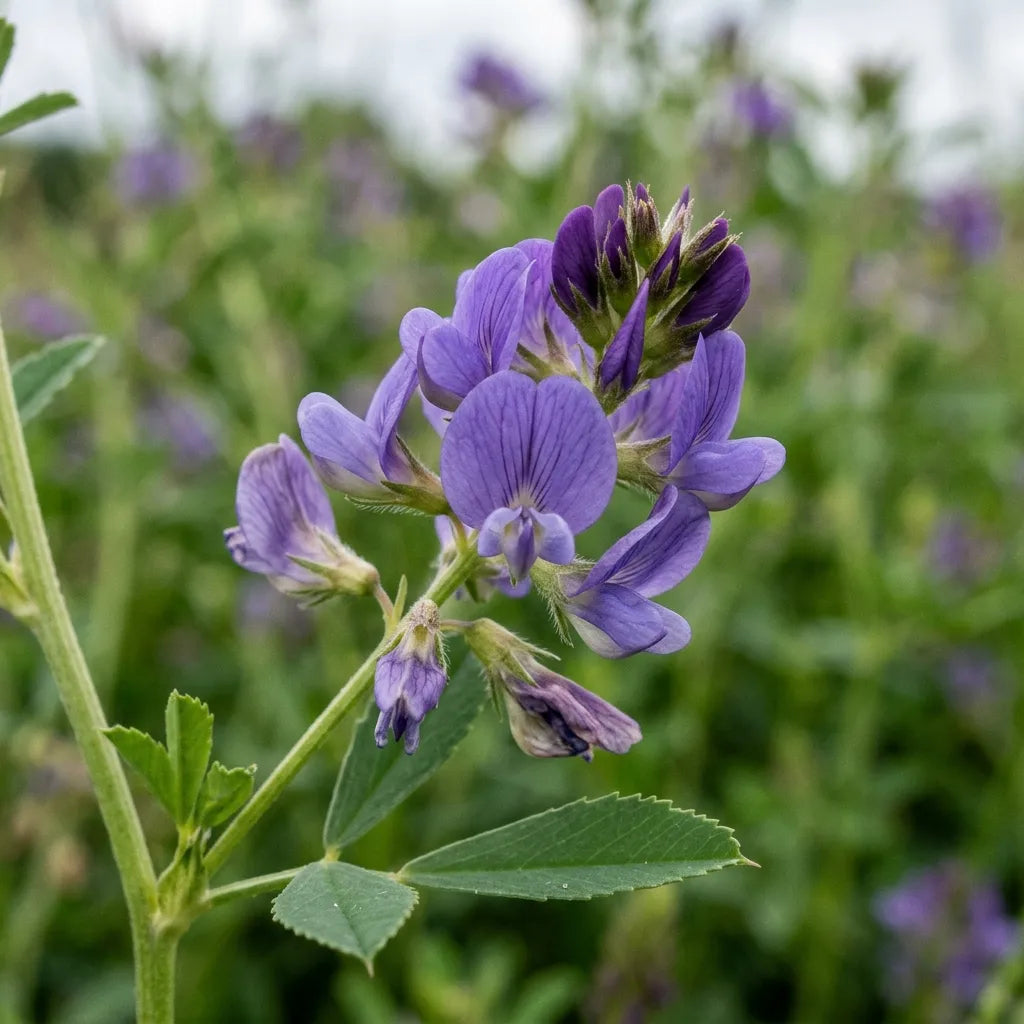 Macro d'une grappe de luzerne : fleurs papilionacées violettes à étendard, ailes et carène — SemiSauvage