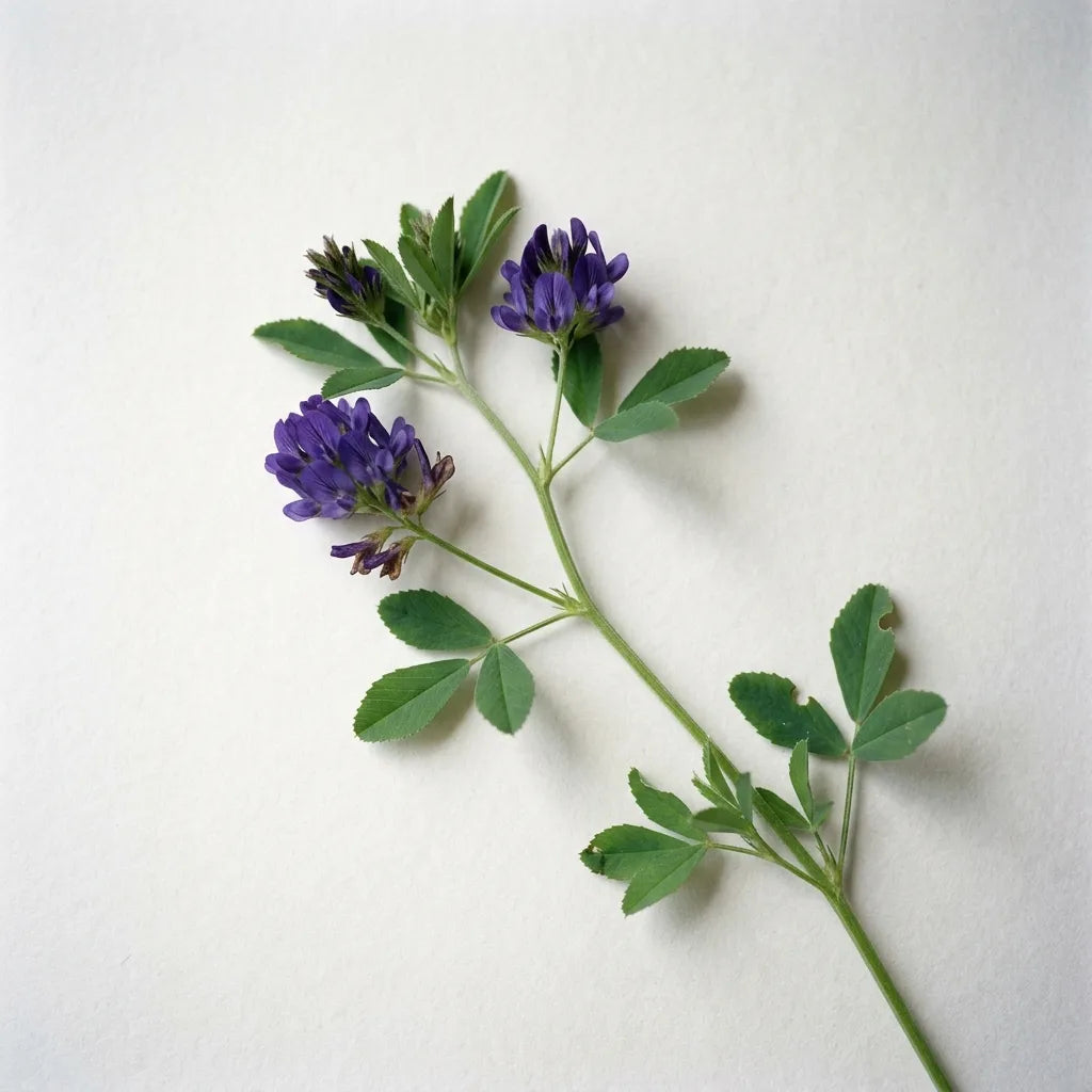 Tige fleurie de luzerne (Medicago sativa), grappe violette et feuille trifolioliée, sur fond blanc — SemiSauvage