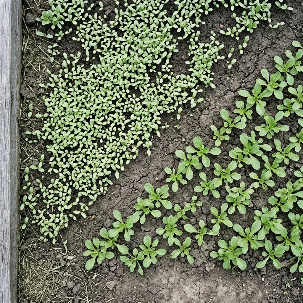 Semis à la volée de mâche en place, plantules et jeunes rosettes — SemiSauvage