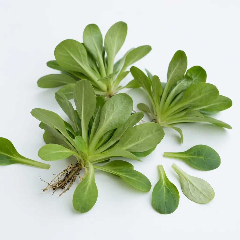 Rosettes de Mâche à grosses graines (Valerianella locusta), feuilles spatulées, sur fond blanc — SemiSauvage