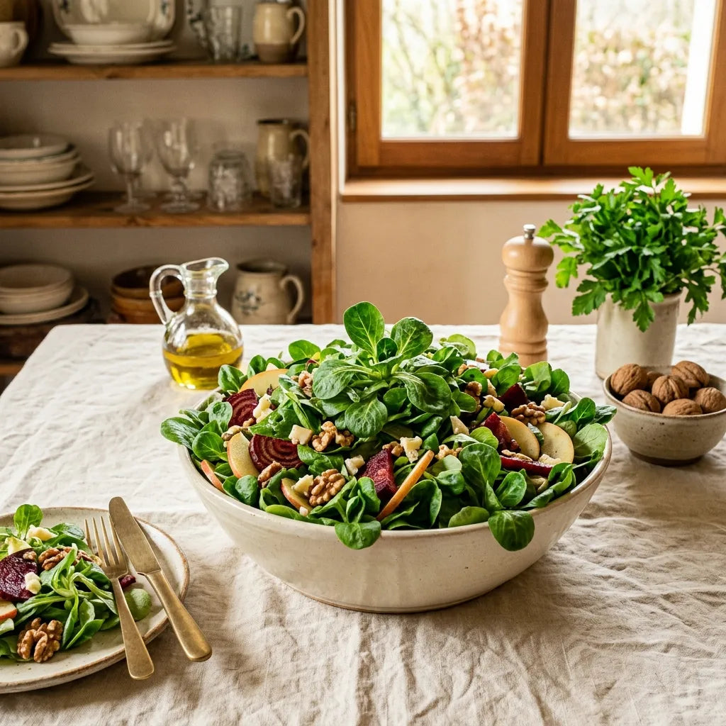 Salade de mâche verte de Cambrai à la betterave et aux noix dans un saladier de céramique