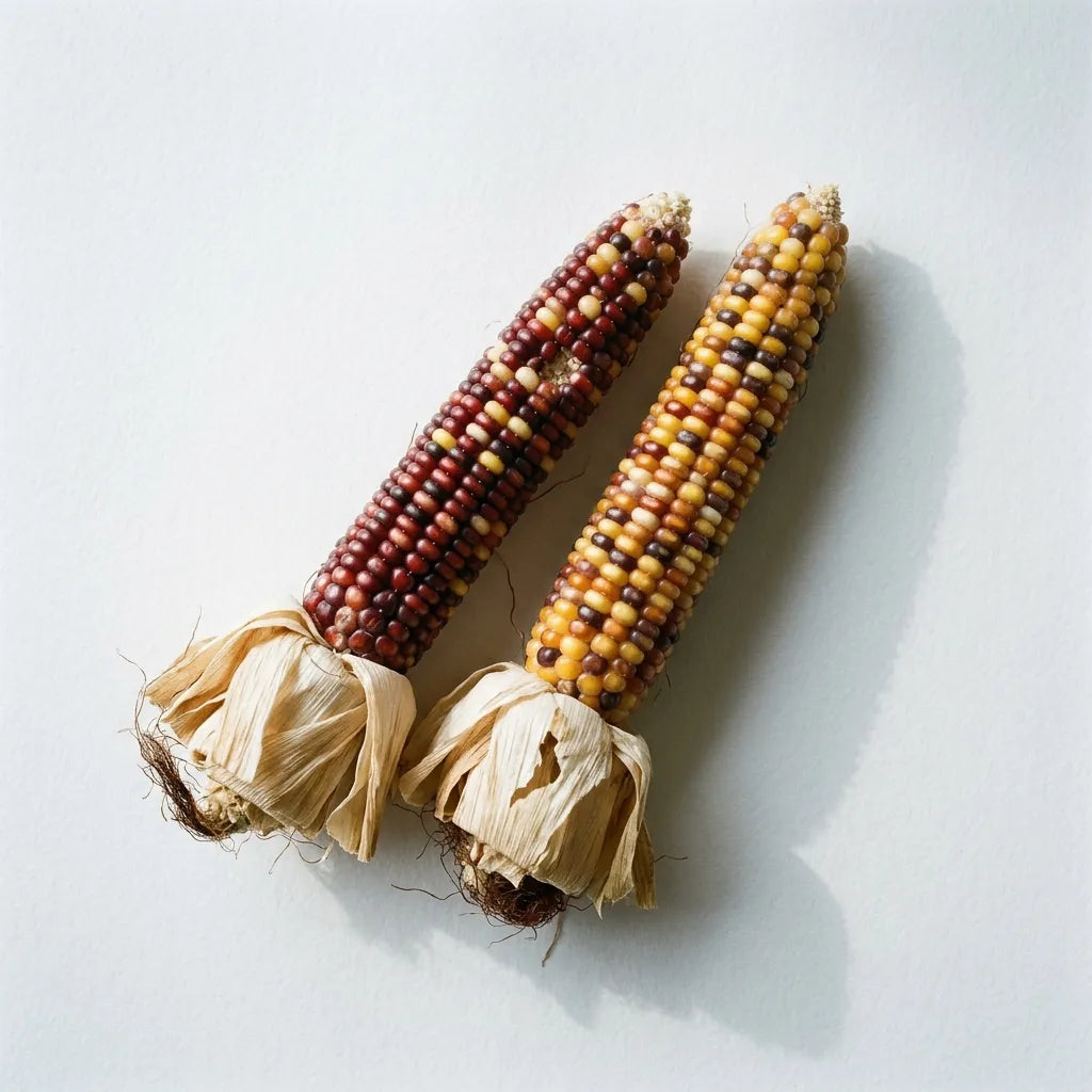 Épis de maïs ornemental Amero (Zea mays) aux grains multicolores, spathes rabattues en collerette, sur fond blanc — SemiSauvage