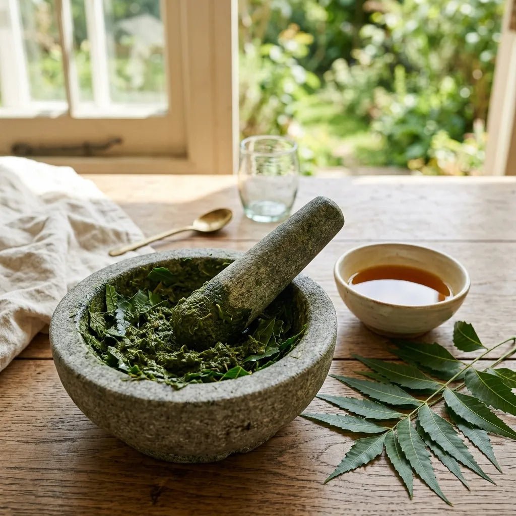 石臼中捣碎的印楝叶,传统美容用途 — SemiSauvage