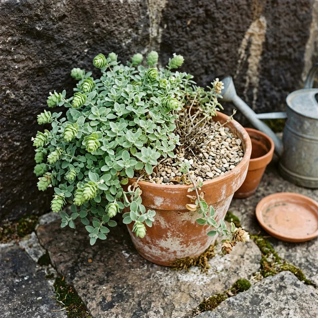 Marjolaine officinale cultivée en pot de terre cuite sur une terrasse ensoleillée — SemiSauvage