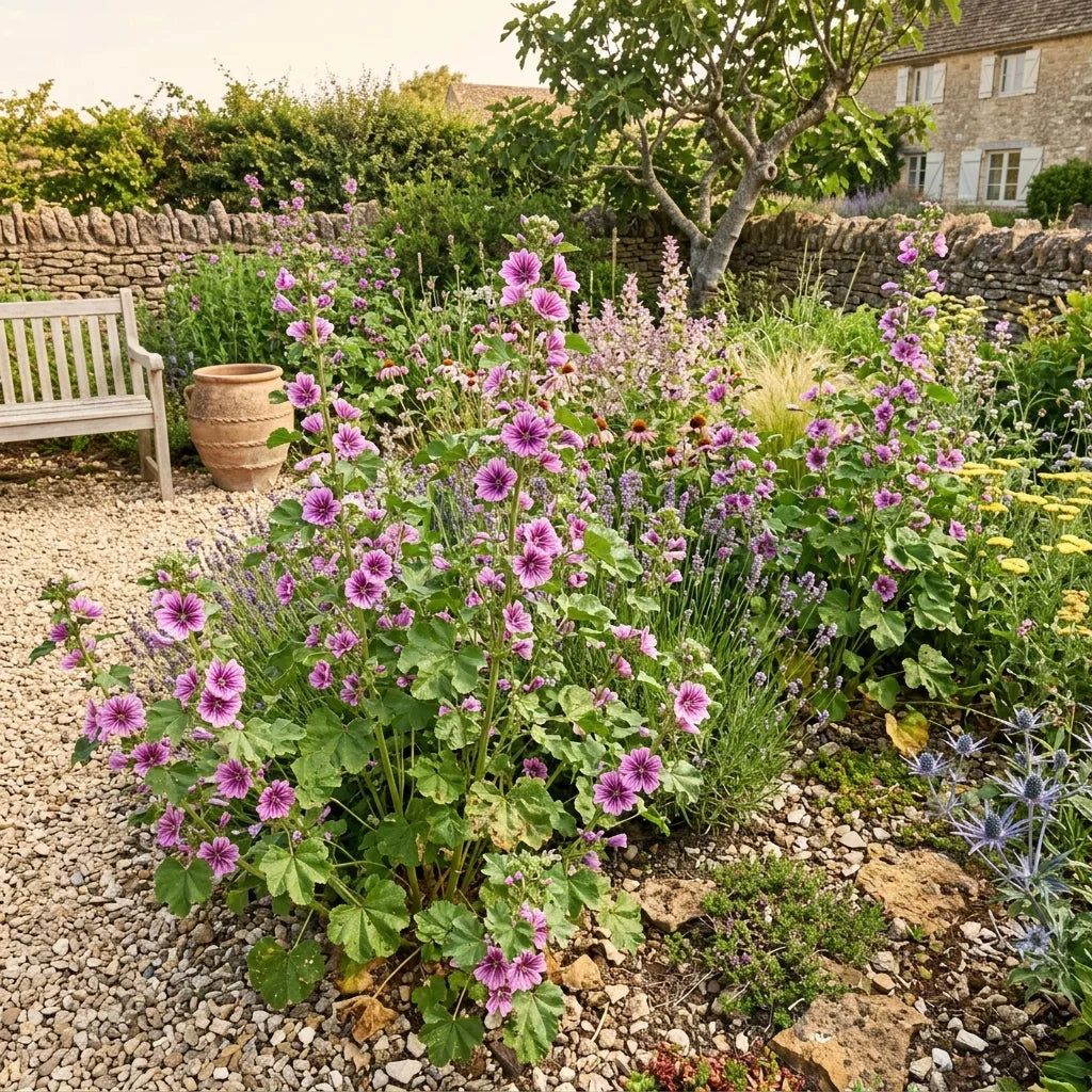 Mauves royales dans un massif de vivaces mellifères sur sol calcaire, en jardin sec de campagne