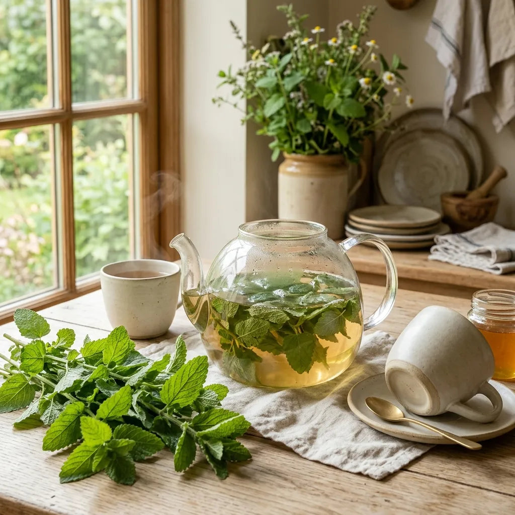 Tisane de mélisse fraîche dans une théière de verre soufflé — SemiSauvage