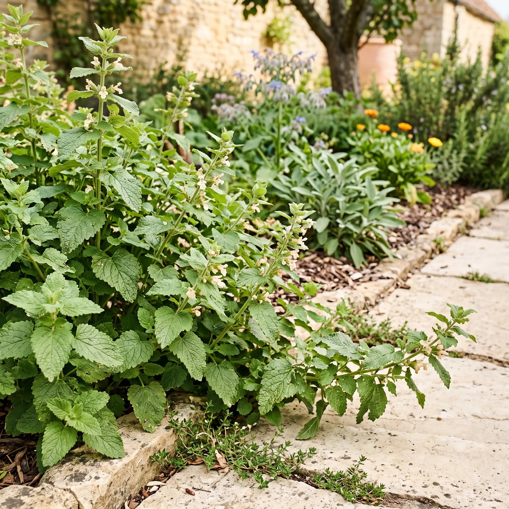 Touffe de mélisse officinale débordant sur une allée dallée — SemiSauvage