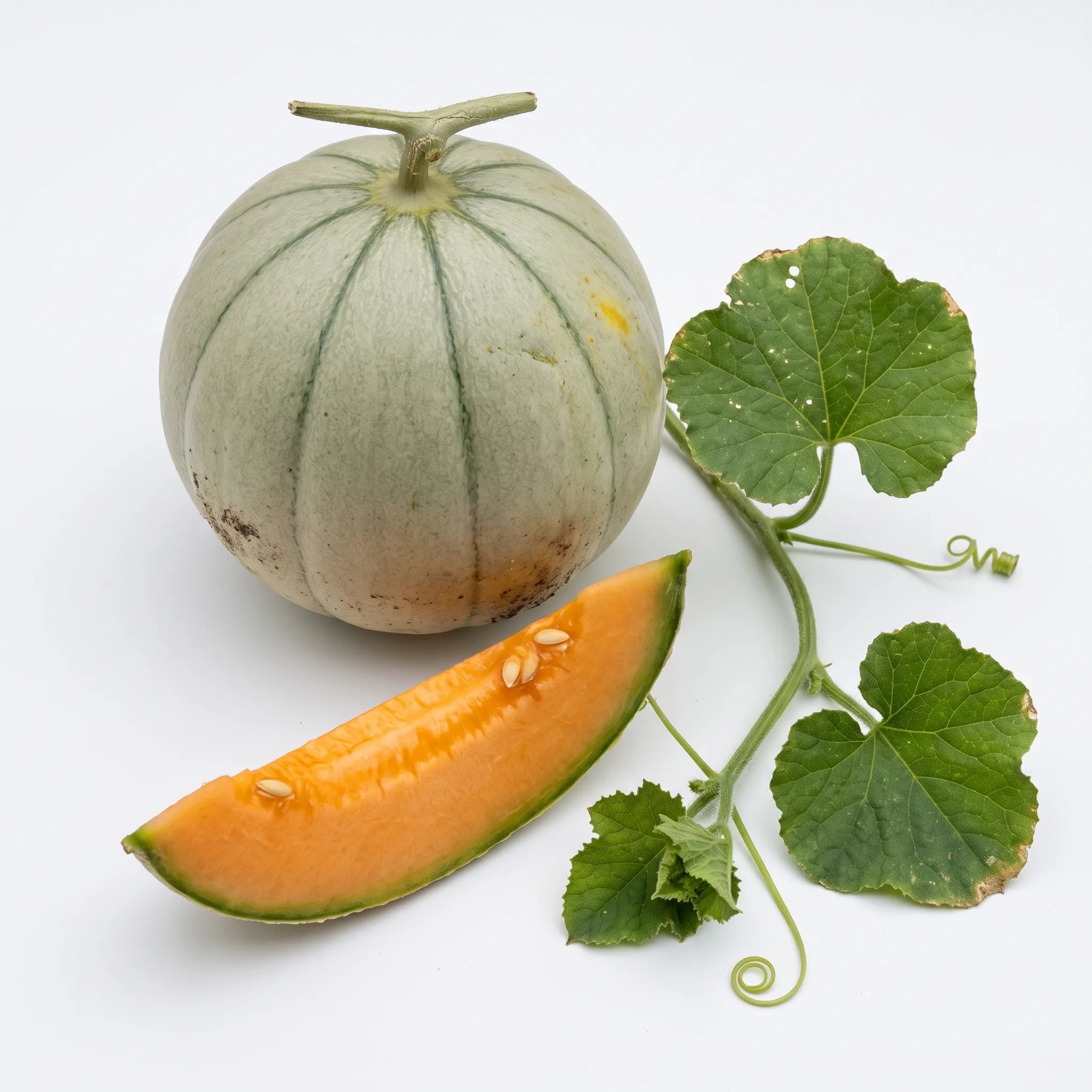 Melon charentais entier et quartier sur fond blanc, chair orange et ecorce cotelee a sutures vertes