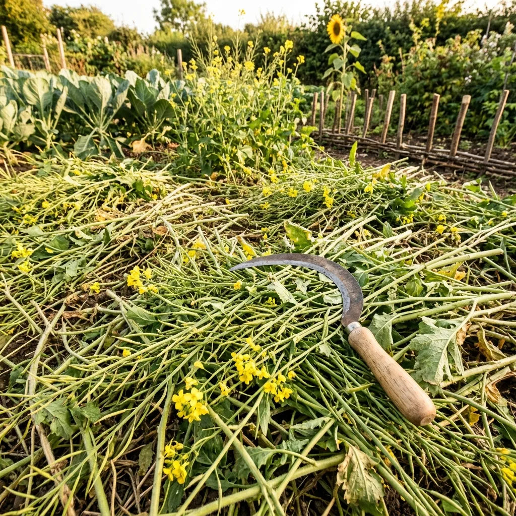 Engrais vert de moutarde blanche fauché et couché en paillage sur la planche du potager