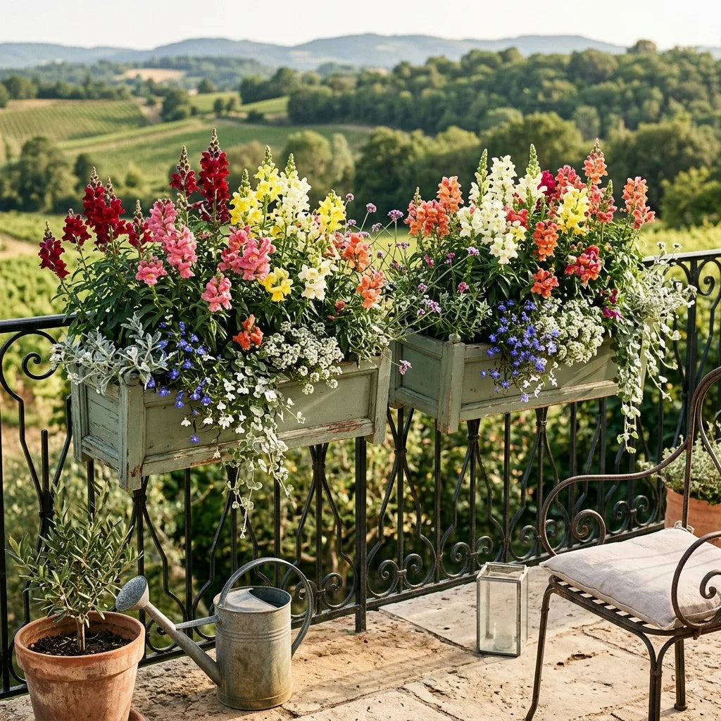 Mufliers cultivés en jardinières sur la balustrade en fer forgé d'une terrasse