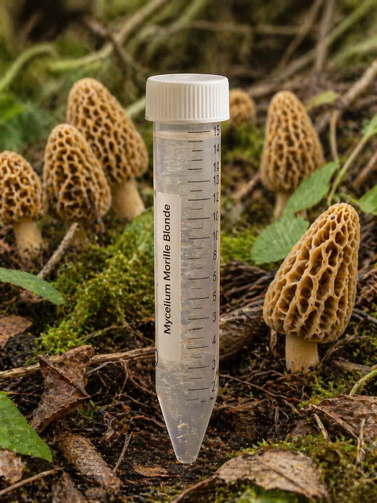Tube de mycélium de morille blonde (Morchella esculenta) en environnement forestier naturel